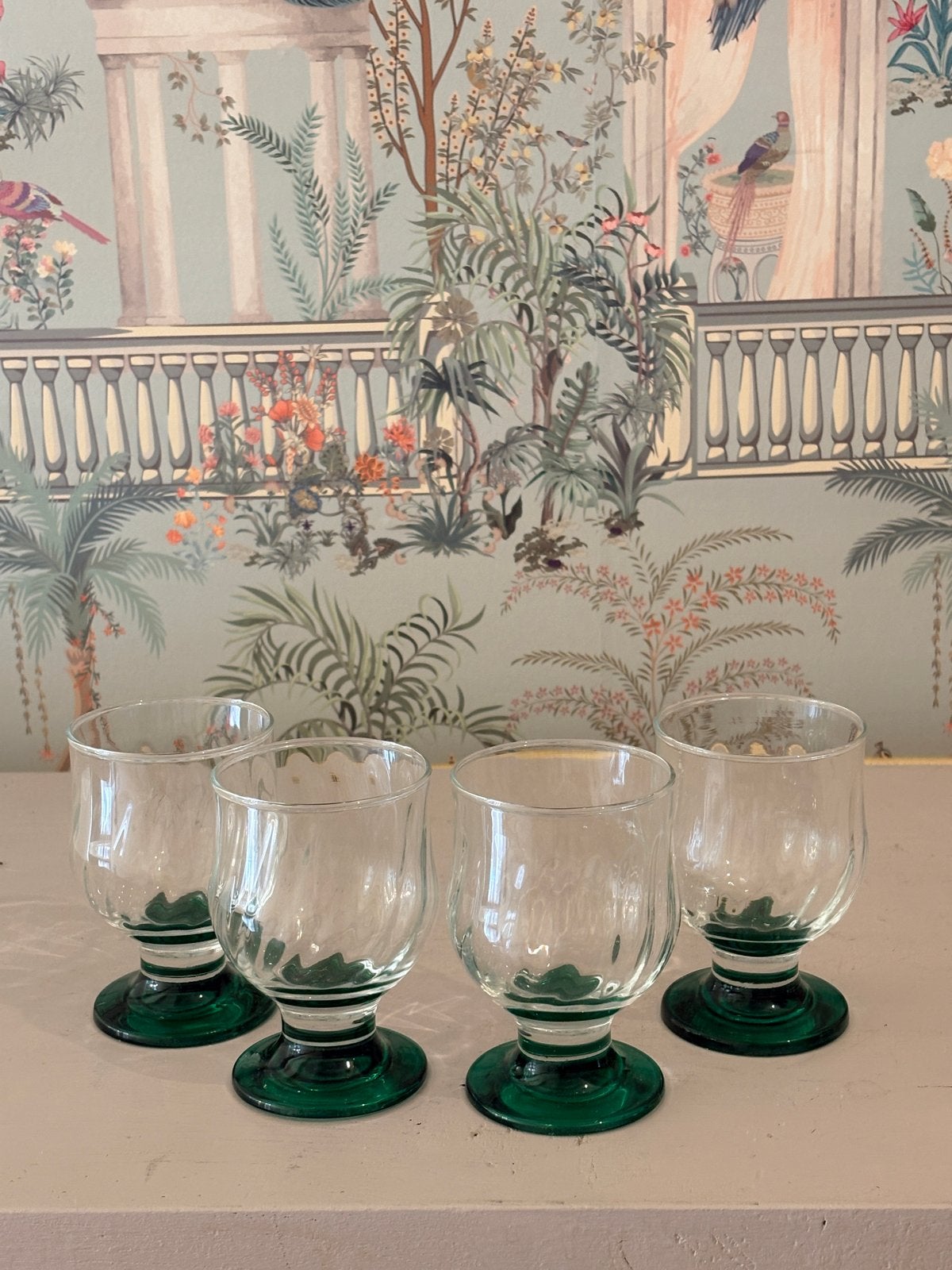 4x Vintage Art Deco Wijnglazen Groene Voet - Perfect, Ophalen of Verzenden