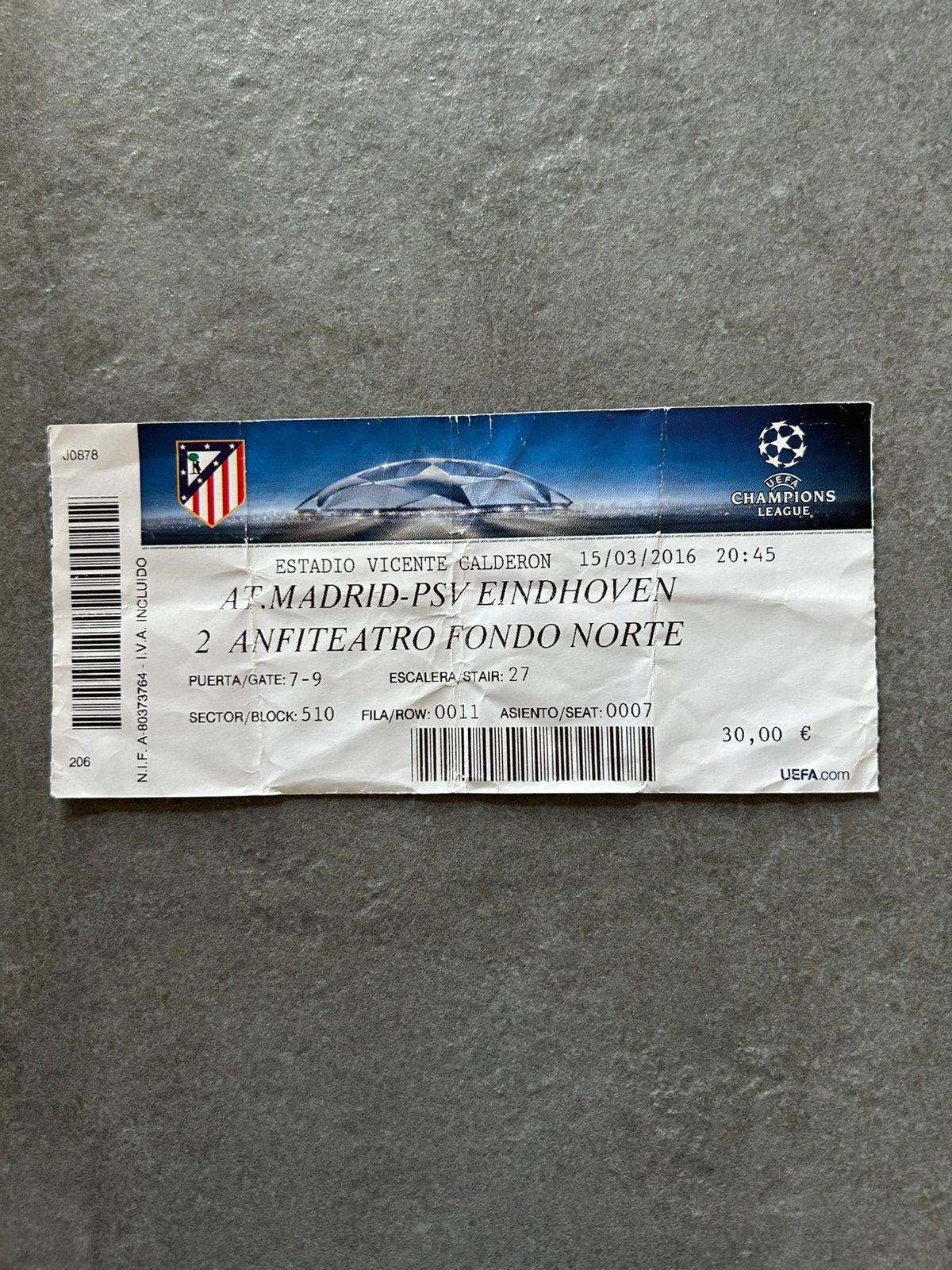 Atletico Madrid - PSV ticket, Ophalen of Verzenden, Gebruikt, PSV, Overige typen