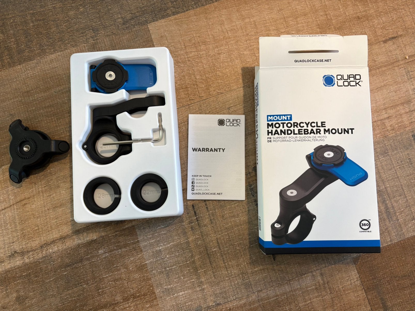Quadlock motorcyle handlebar mount + vibration dampener, Telecommunicatie, Telefoonhouders, Ophalen of Verzenden, Zo goed als nieuw
