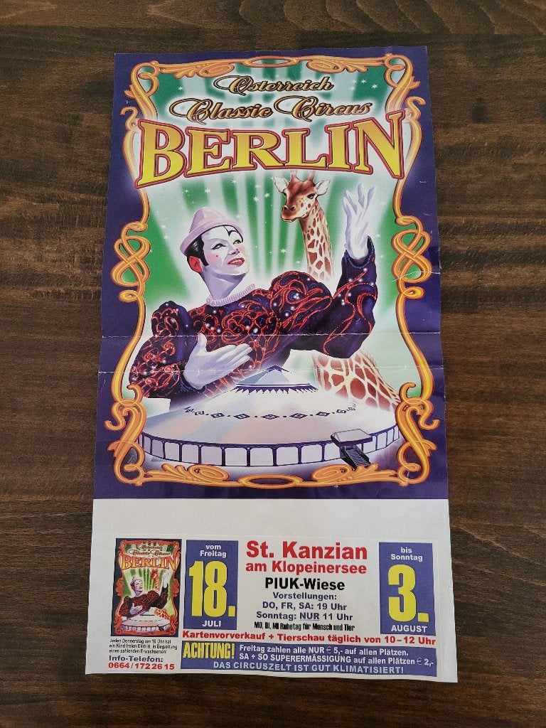 Circus/ mooi affiche Circus Berlin/ St. Kanzian/ Oostenrijk., Verzamelen, Overige Verzamelen, Ophalen of Verzenden, Gebruikt