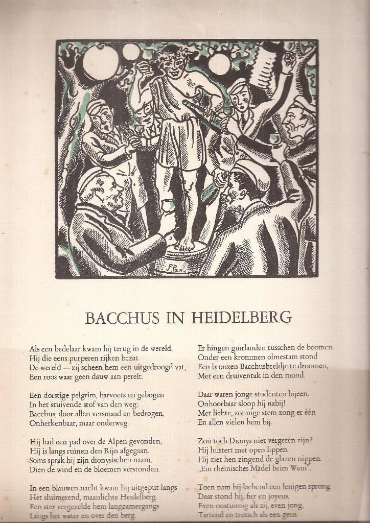 Donker, A. - Bacchus in Heidelberg Rijmprent J. Franken Pzn., Origineel, Mythologie, 22 cm, Ophalen of Verzenden