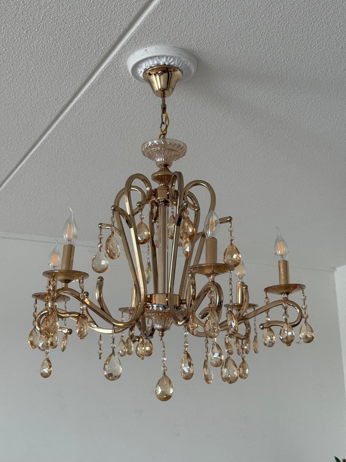 Gouden kroonluchter met kristallen - Klassiek design, E14 (klein), Ophalen of Verzenden, Zo goed als nieuw, Glas