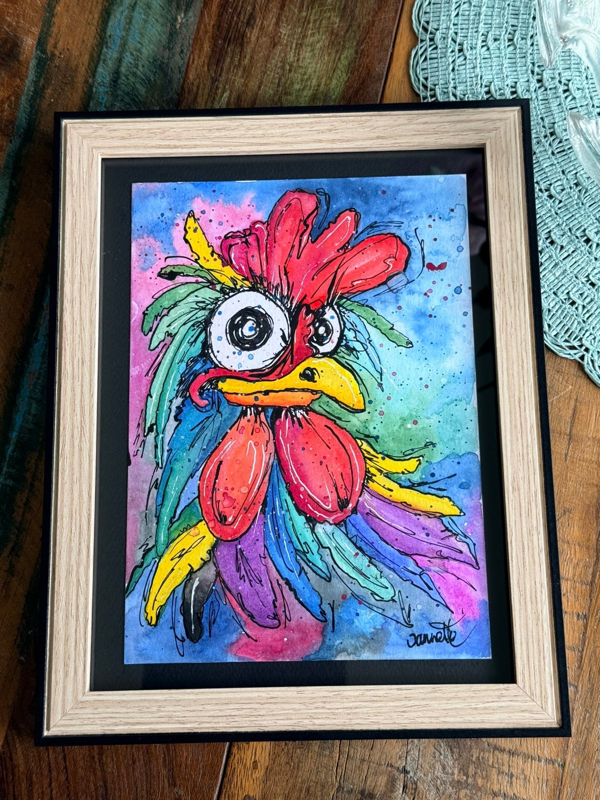 Kleurrijke aquarel Haan in lijst, Antiek en Kunst, Verzenden