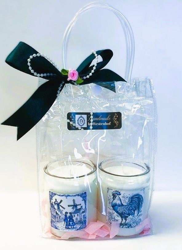 Set cadeau kaarsen in glazen delfts blauw haan - man vrouw, Overige materialen, Verzenden, Wit, Nieuw