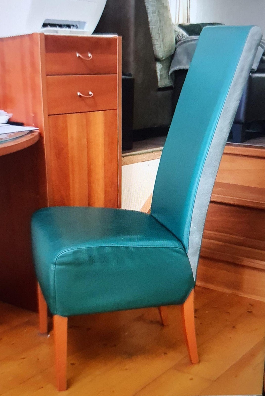 mooie leren met suede stoelen donkergroen 2 of 4 x, Ophalen, Overige kleuren, Leer, Vier