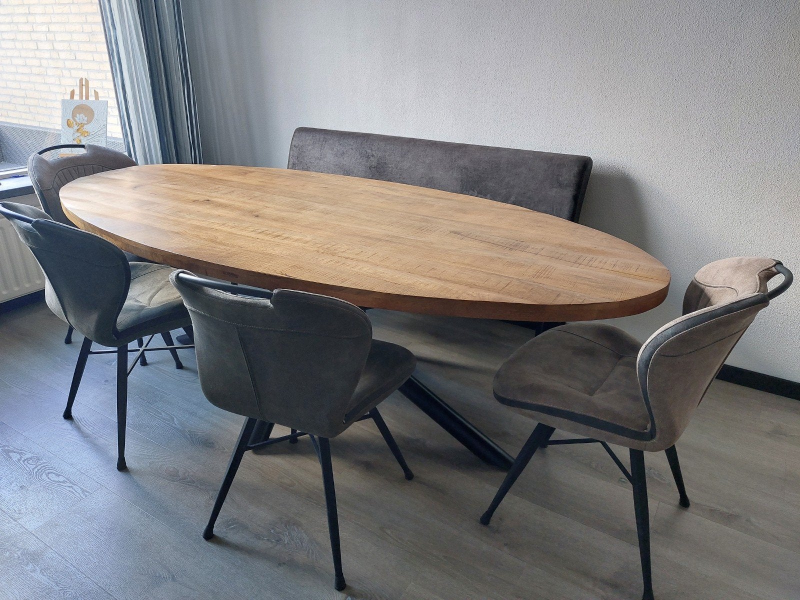 massief mango houten eettafel inclusief stoelen en bankje, Ophalen, 50 tot 100 cm, Zo goed als nieuw, Vijf personen of meer