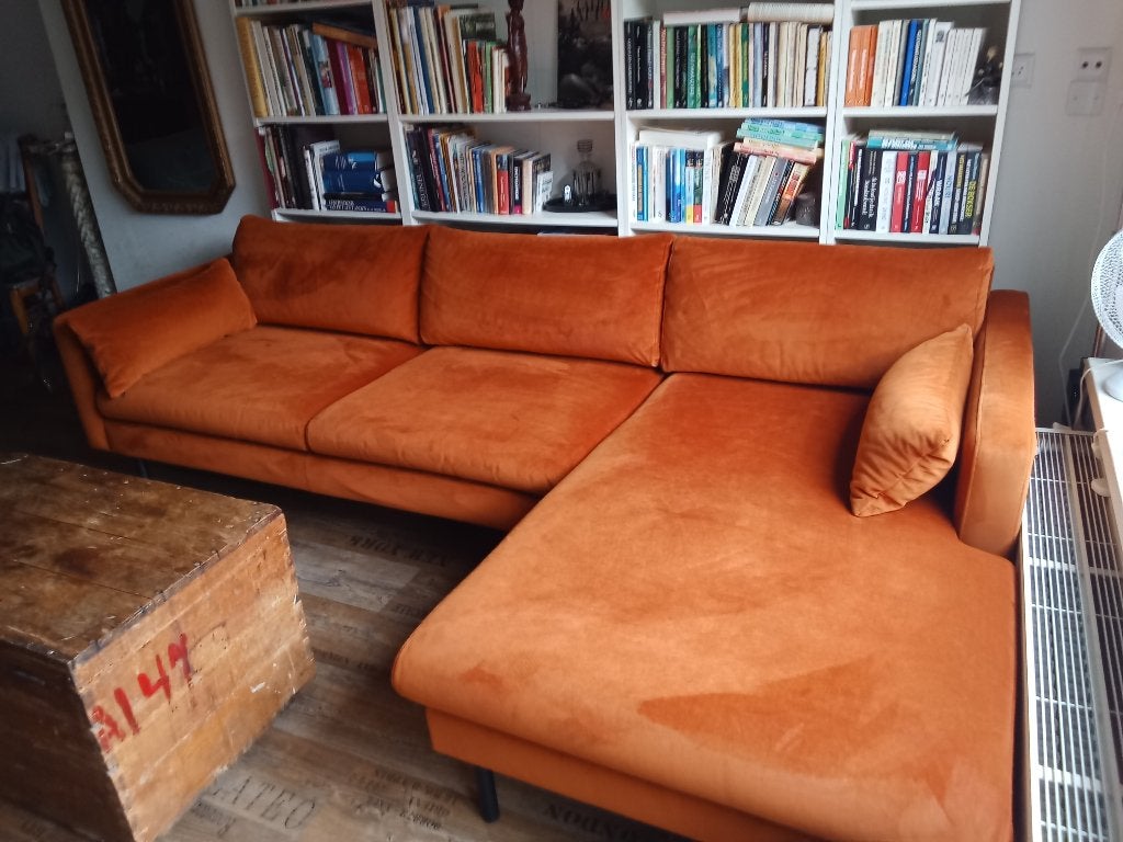 Trendy hoekbank, velours-look ., Ophalen, 250 tot 300 cm, 75 tot 100 cm, Zo goed als nieuw