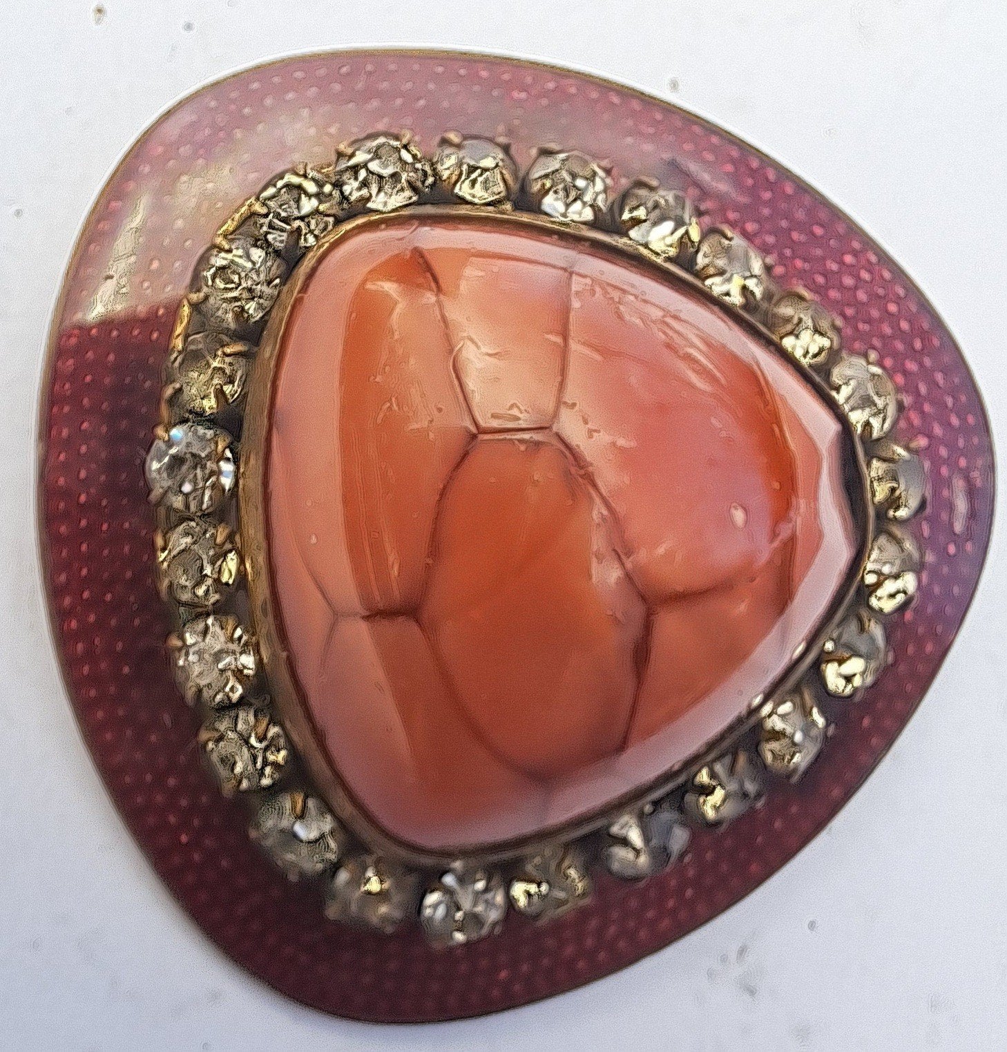 Vintage Broche met Koraal en Strass - Rood/Brons, Sieraden, Tassen en Uiterlijk, Broches, Brons, Gebruikt, Minder dan 4 cm, Ophalen of Verzenden