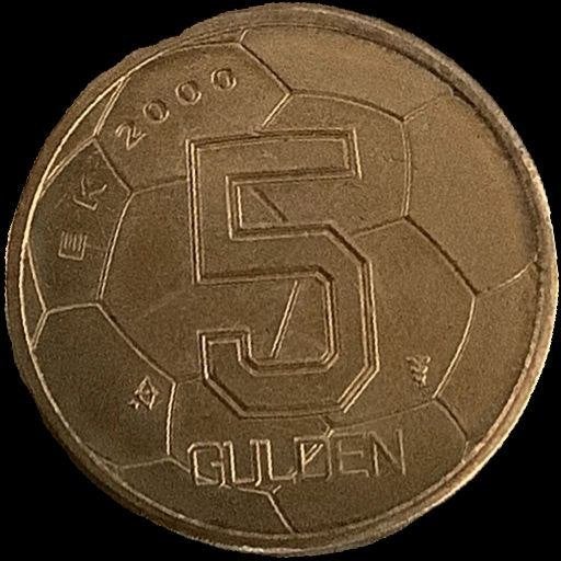 EK voetbal 2000 5 gulden munt messing geplateerd nikkel, Ophalen of Verzenden, Koningin Beatrix, 5 gulden, Losse munt