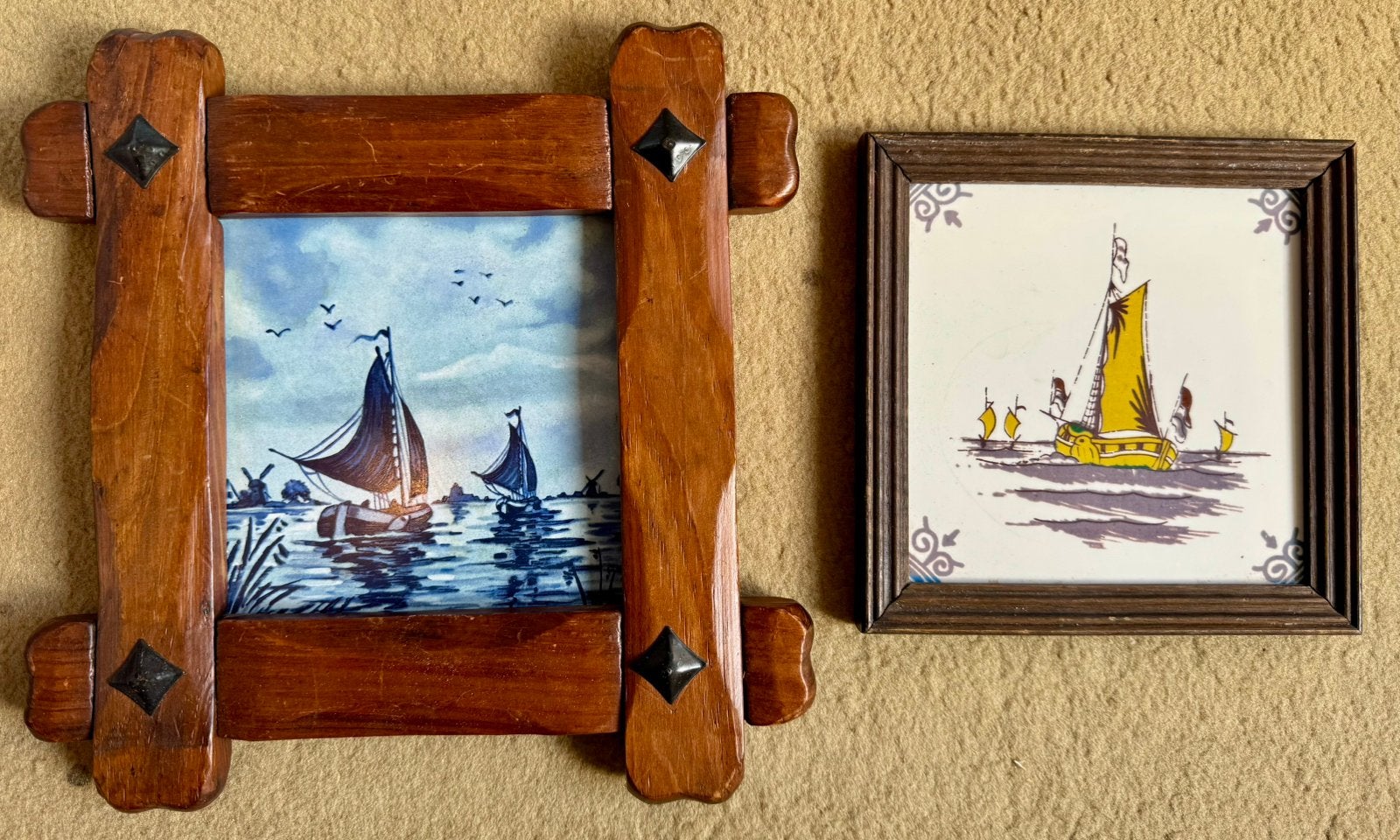 Vintage Wandtegels met Zeilboten - 2 x - zeilschip, Ophalen of Verzenden