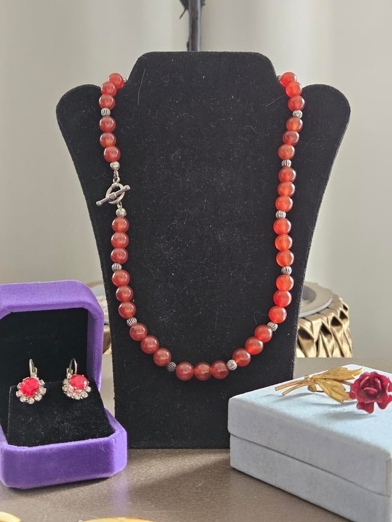 Vintage Carneool Ketting 42 cm, Sieraden, Tassen en Uiterlijk, Kettingen, Gebruikt, Oranje, Ophalen of Verzenden, Steen of Mineraal