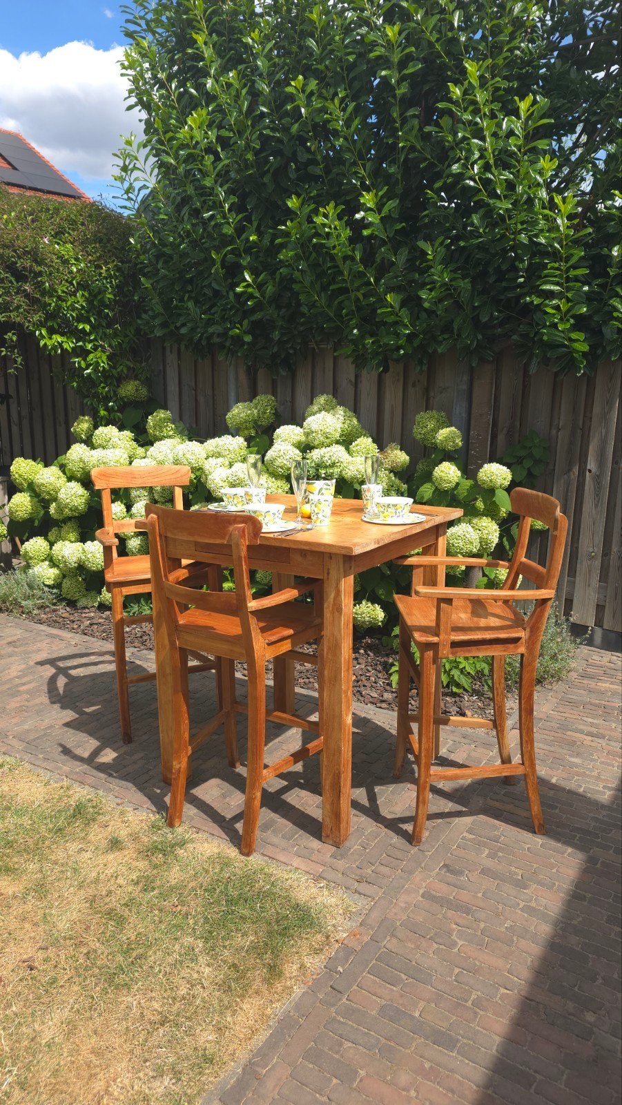 Houten bartafel met 3 barkrukken - Teakhout, Huis en Inrichting, Tafels | Eettafels, Gebruikt, 100 tot 150 cm, Teakhout, Rechthoekig
