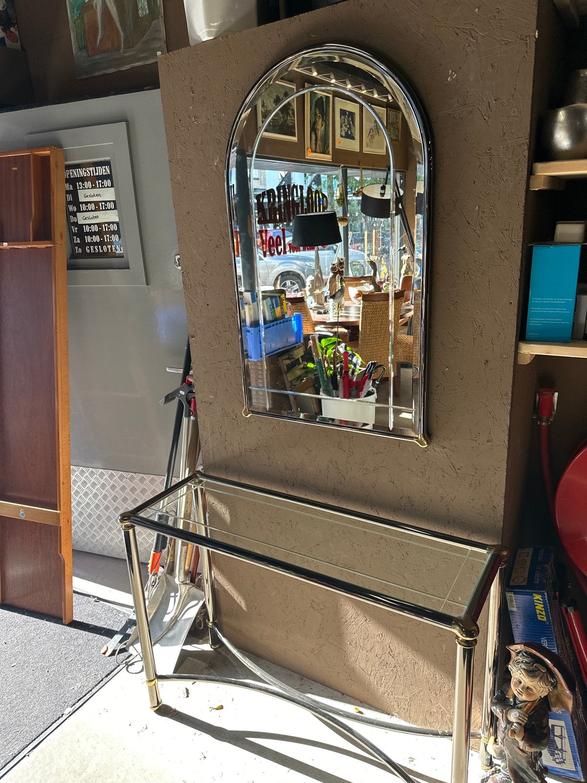 Sidetable met spiegel - Chroom en messing, Ophalen, Gebruikt, C, 100 tot 150 cm