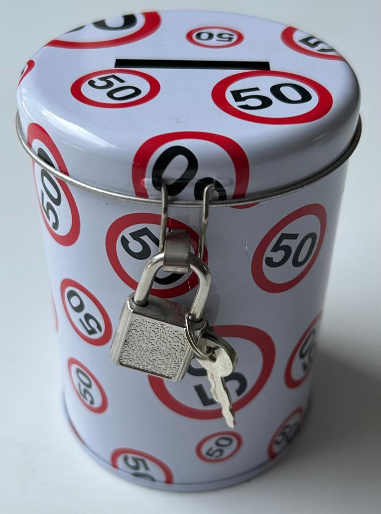 Spaarpot 50 jaar metaal met slot en 2 sleutels, 11 cm hoog, Verzamelen, Spaarpotten, Ophalen of Verzenden, Zo goed als nieuw, Metaal of Blik