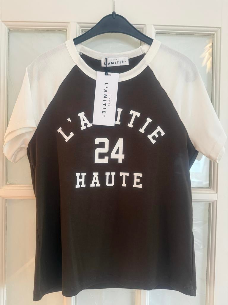 NIEUW HAUTE L’ AMITIE shirt - Bruin/Wit - maat S, Kleding | Dames, Bruin, Nieuw, Ophalen of Verzenden, Korte mouw