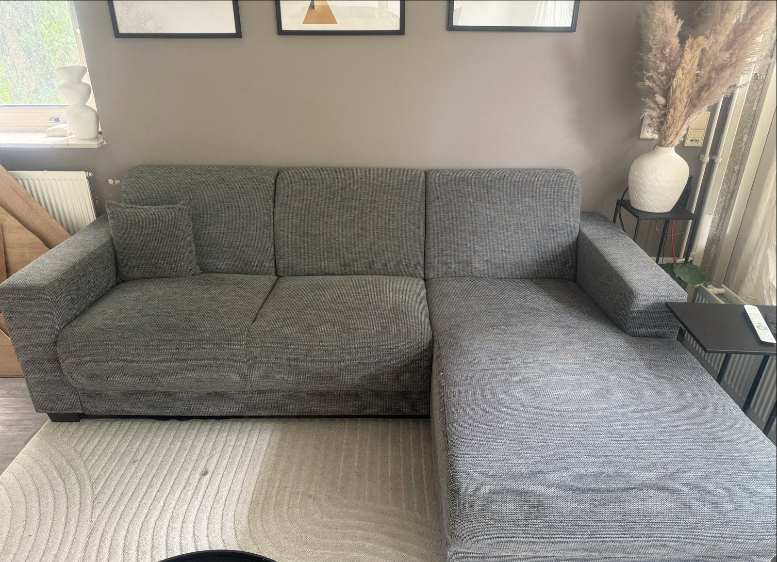 Grijze hoekbank met chaise longue, Huis en Inrichting, Ophalen, Gebruikt, Hoekbank, Driepersoons
