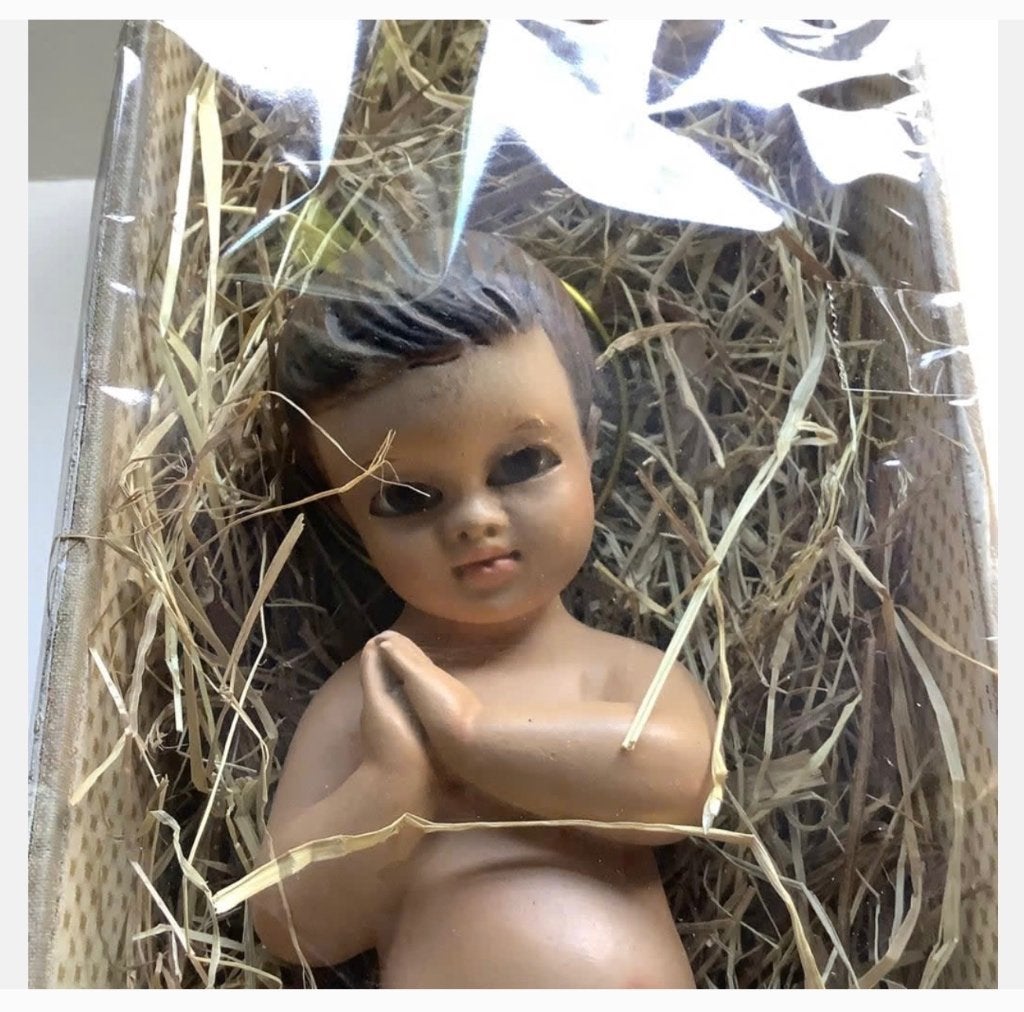 Antiek baby Jezus Beeld, in stro, aureool, Olot Spain, Kerst, Antiek en Kunst, Ophalen of Verzenden