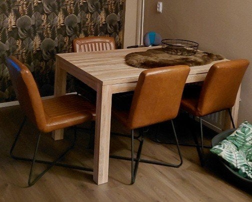 Eettafel 140x90 (uitrekbaar tot 170) met 4 stoelen, Ophalen, Gebruikt, 50 tot 100 cm, 150 tot 200 cm