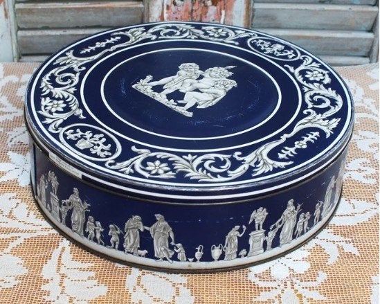 jaren 60 Koektrommel blik blauw wit, Ophalen, Zo goed als nieuw, Koek(jes)