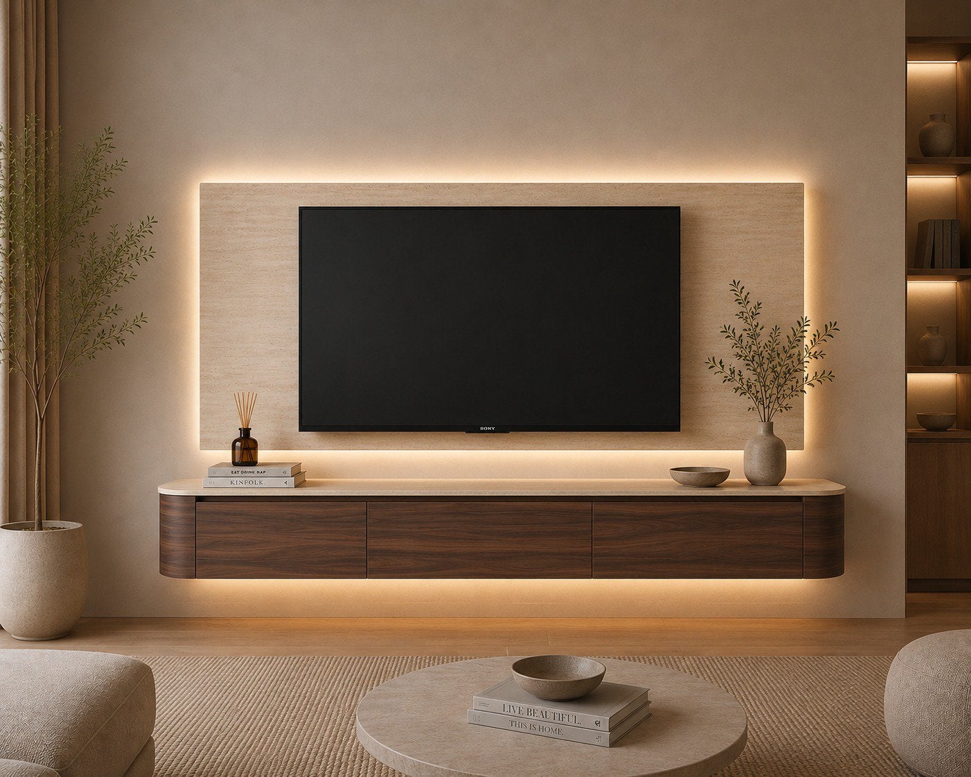 Japandi zwevend Tv meubel (BEIGE-WALNOOT-WALNOOT TRAVERTIN), Ons Meubel, Japandi, 150 tot 200 cm, Eikenhout