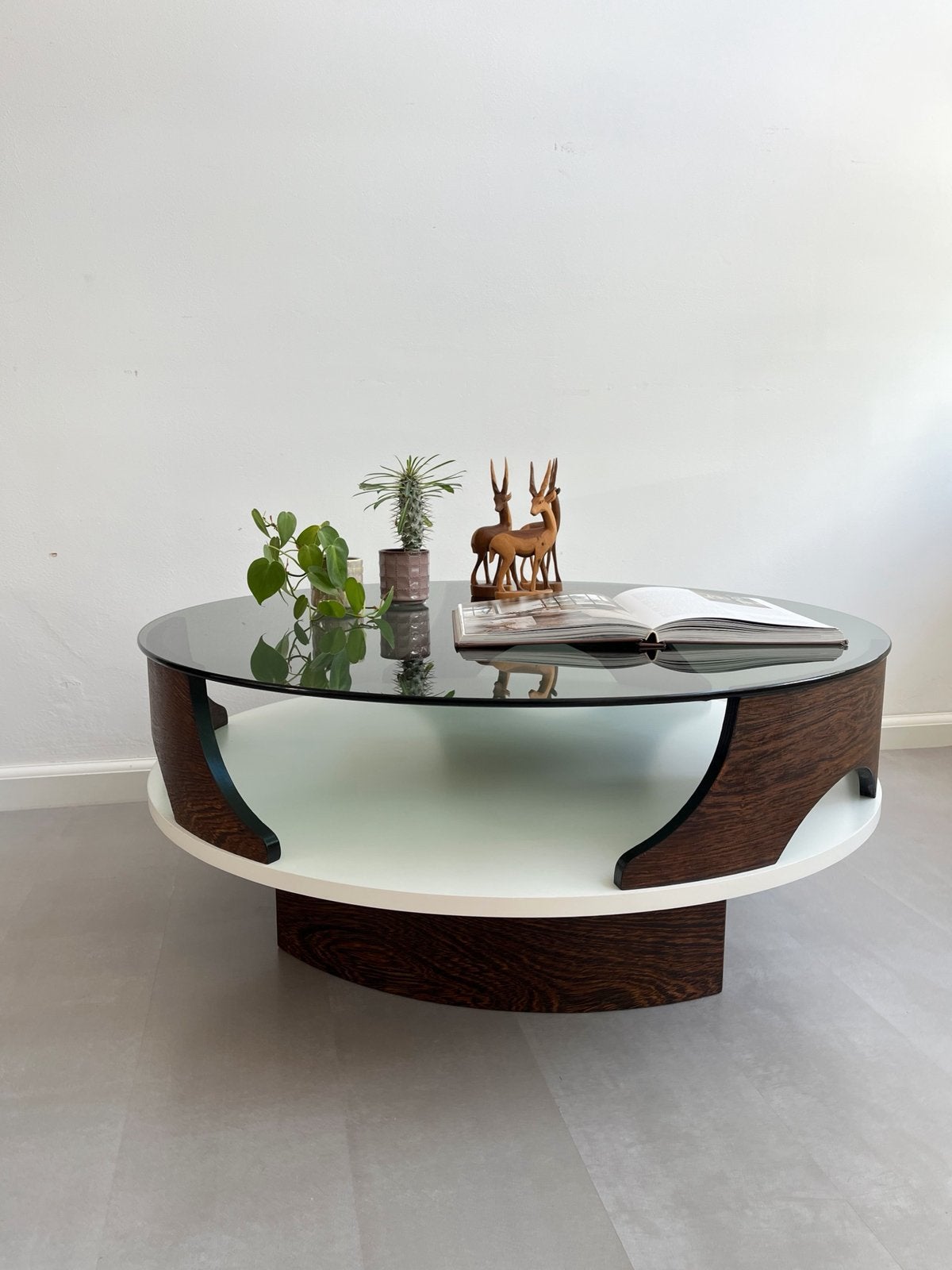 Vintage Space Age salontafel wit/wengé, jaren 60, Ophalen, Minder dan 45 cm, Gebruikt, Sixties, retro, scandinavisch, space age, jaren 60