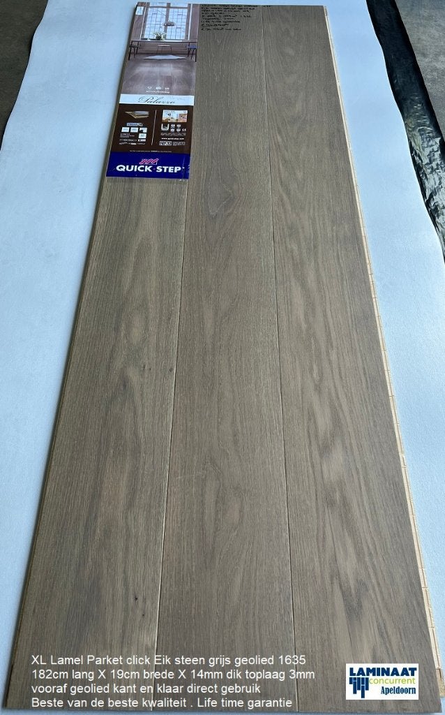 103,5m2 Lamel Parket Quick-step Eik grijs 14mm 50pak = €3095, Parket, Lamel parket vloer 14mm dik met click systeem, 75 m² of meer