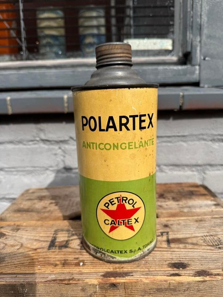Vintage POLARTEX Antigel Blik - Petrol Caltex, Verzamelen, Blikken, Ophalen, Gebruikt, Overige, Overige merken