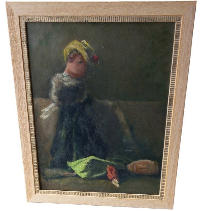 Lilian Adcock (1944) "poppen"., Ophalen of Verzenden, Gesigneerd, Olieverf, Paneel