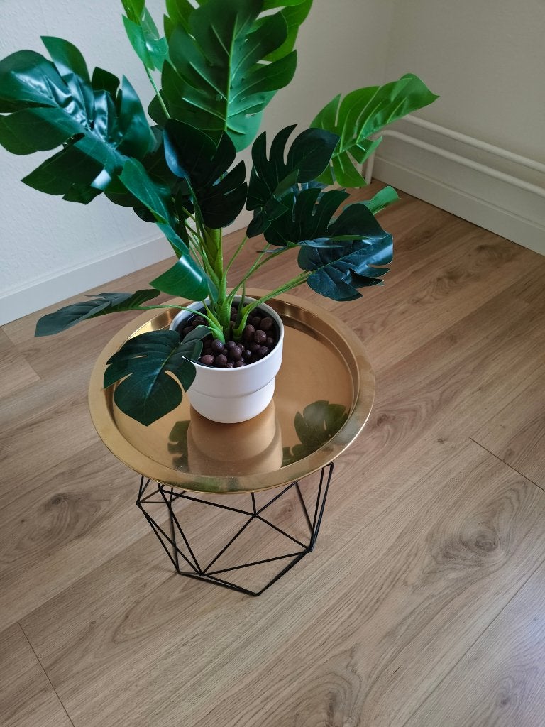Gouden dienblad op zwart metalen onderstel, Huis en Inrichting, Woonaccessoires | Dienbladen, Ophalen, Met opstaande rand, Rond
