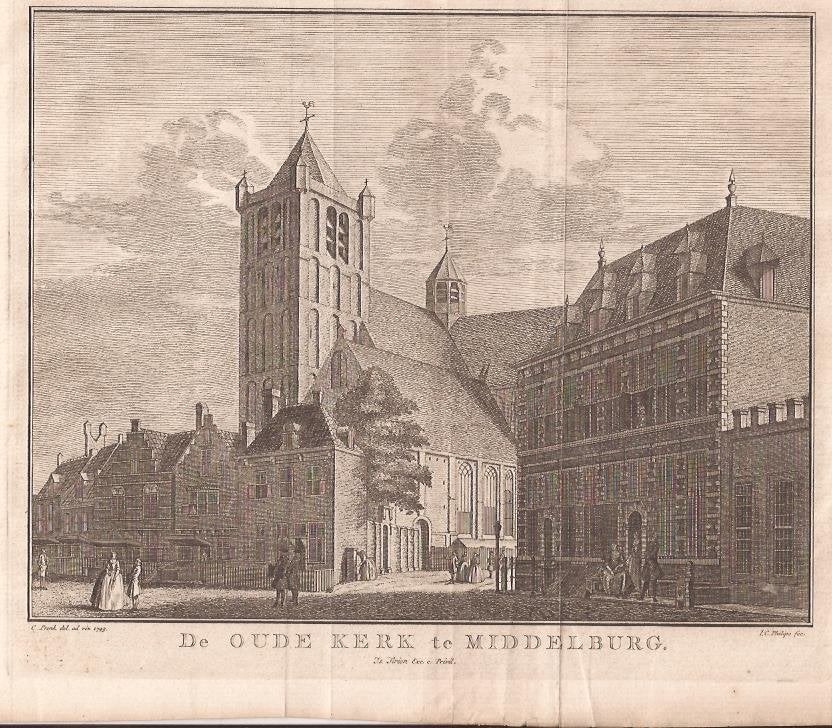 De Oude Kerk te Middelburg. Gravure J.C Philips naar C.Pronk, Religie, Ophalen of Verzenden, 16 cm, 20 cm