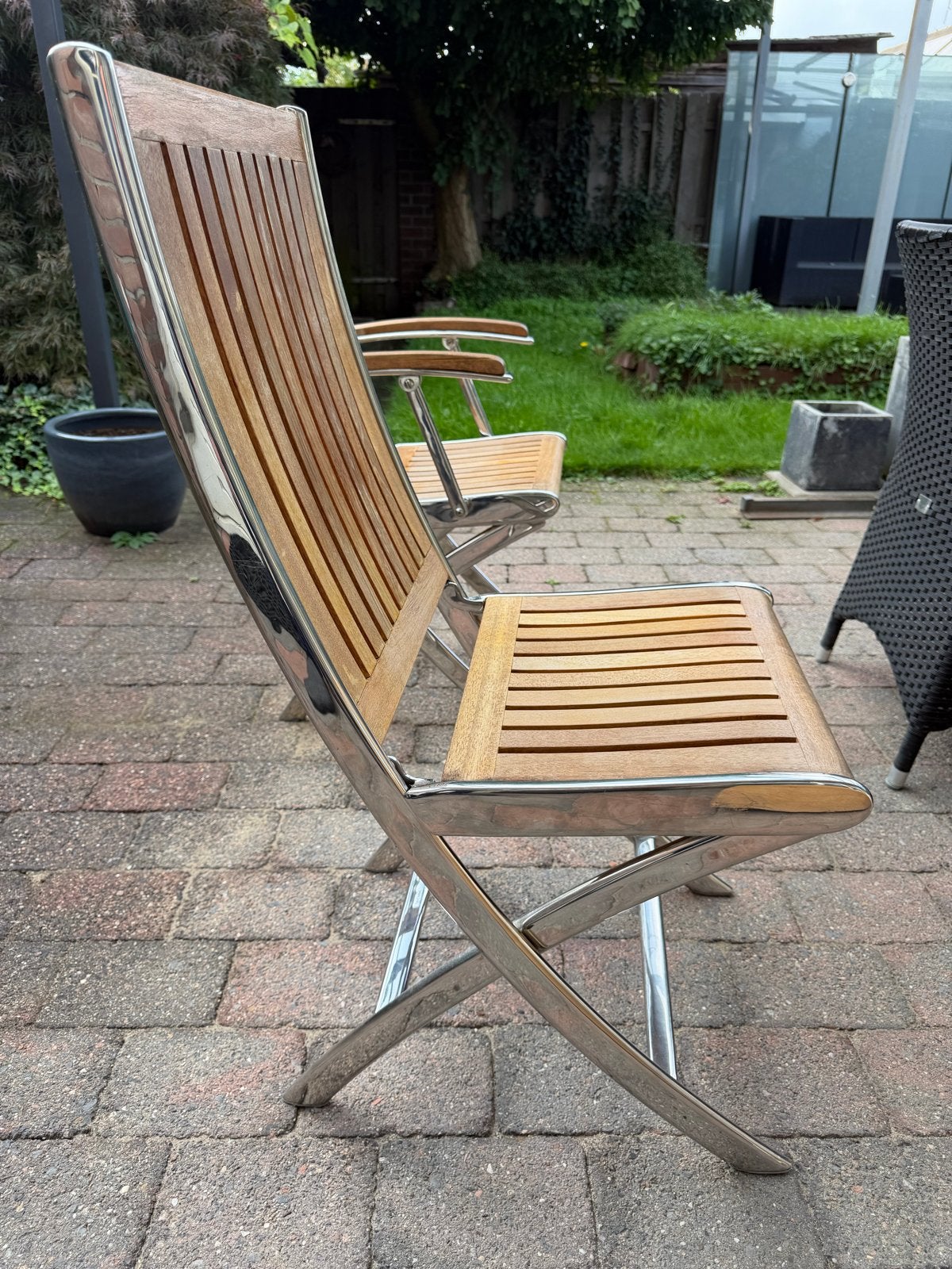 Vier inklapbare bootstoelen van teakhout en RVS, Ophalen, Gebruikt, Overige typen