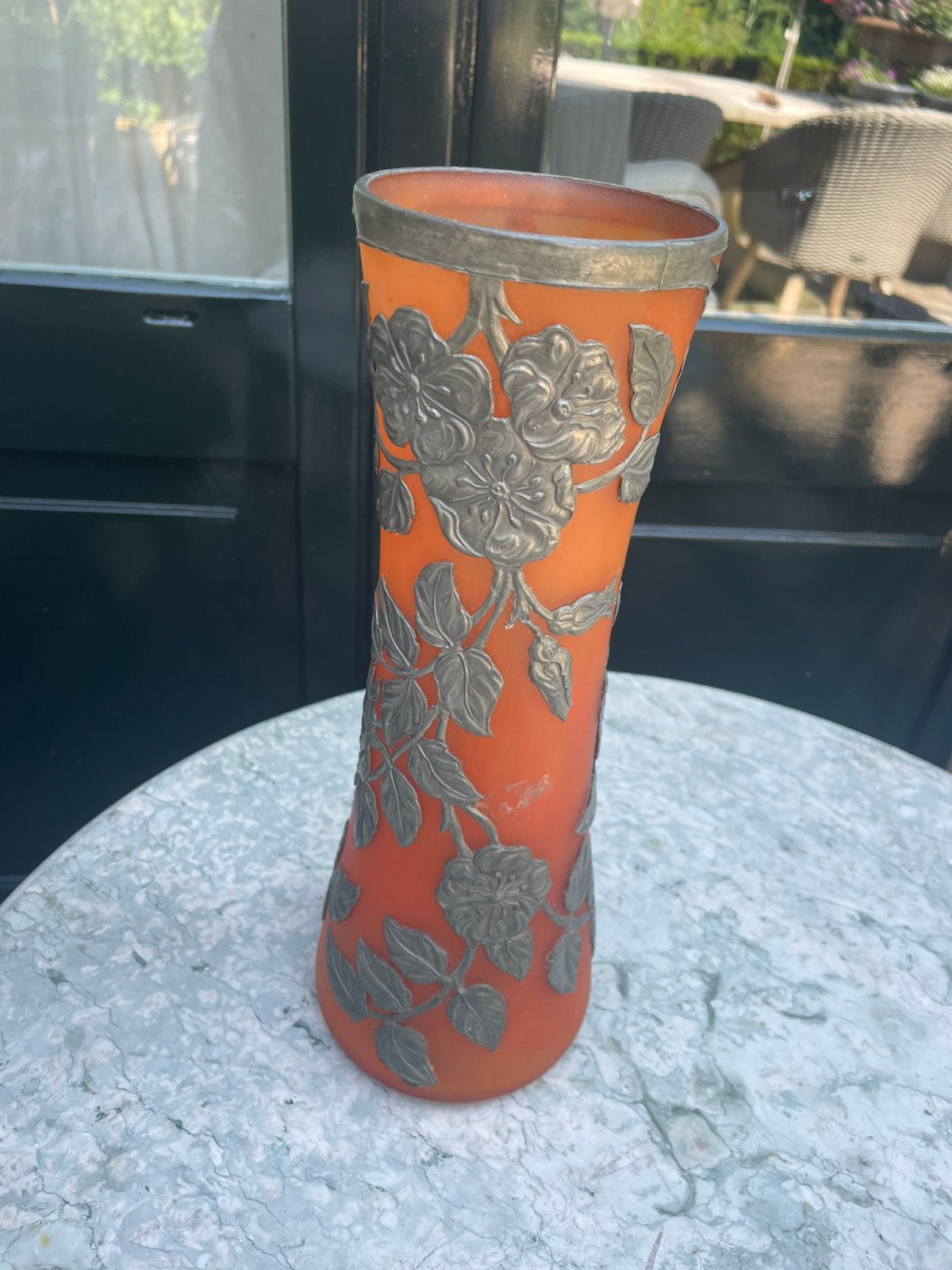 Art deco nouveau vaas terra kleurig glas met tin 30,5 cm, Ophalen of Verzenden