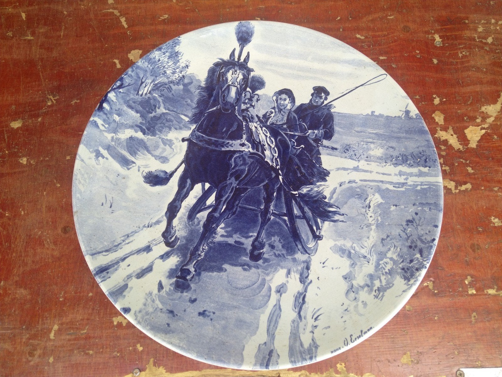 Antiek Delfts Blauw Wandbord - Paard en Sleetje, Ophalen of Verzenden