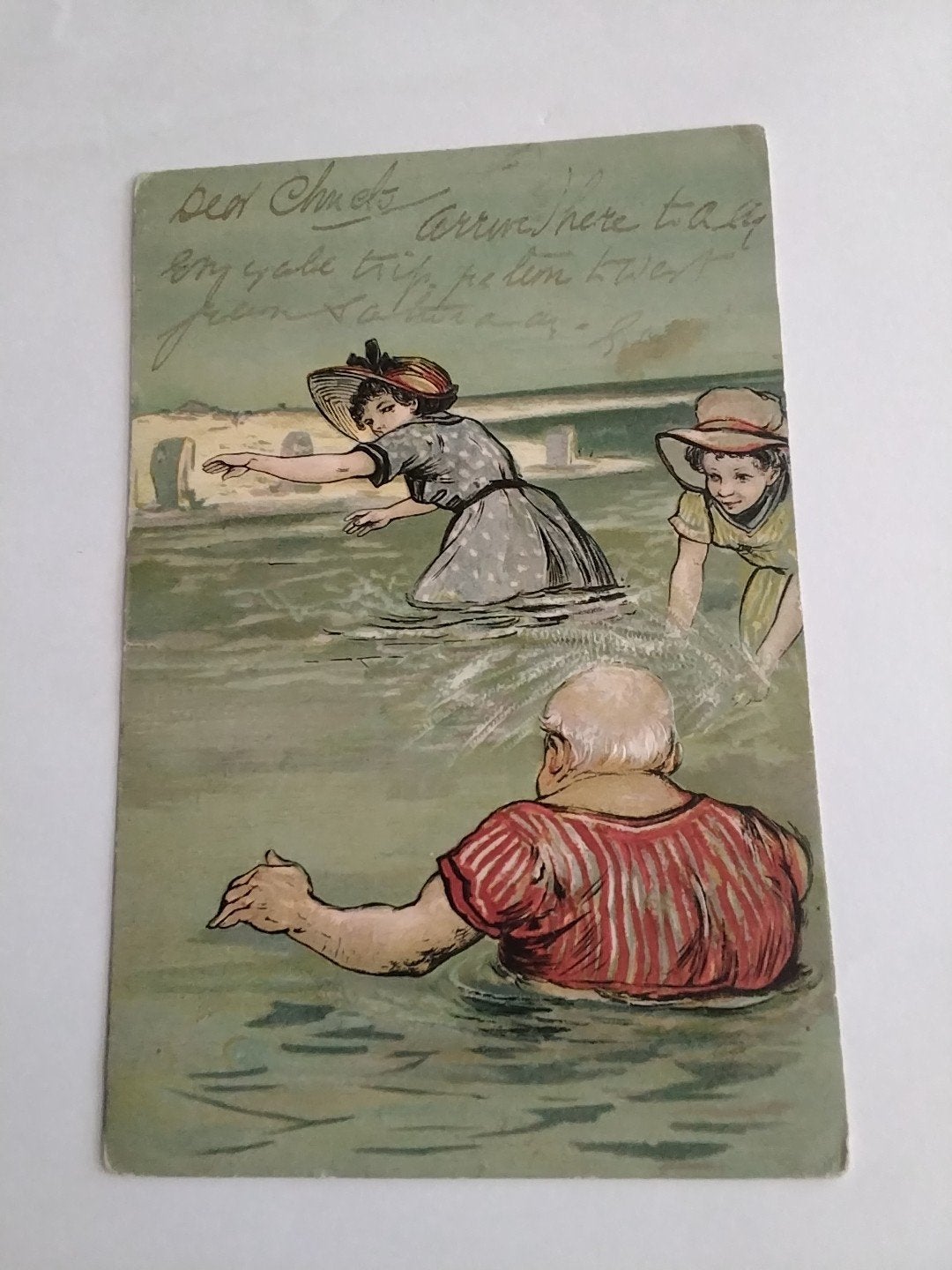 Antieke Ansichtkaart: Zwemmende Mensen, Engeland 1908, Ophalen of Verzenden, Voor 1920, Gelopen