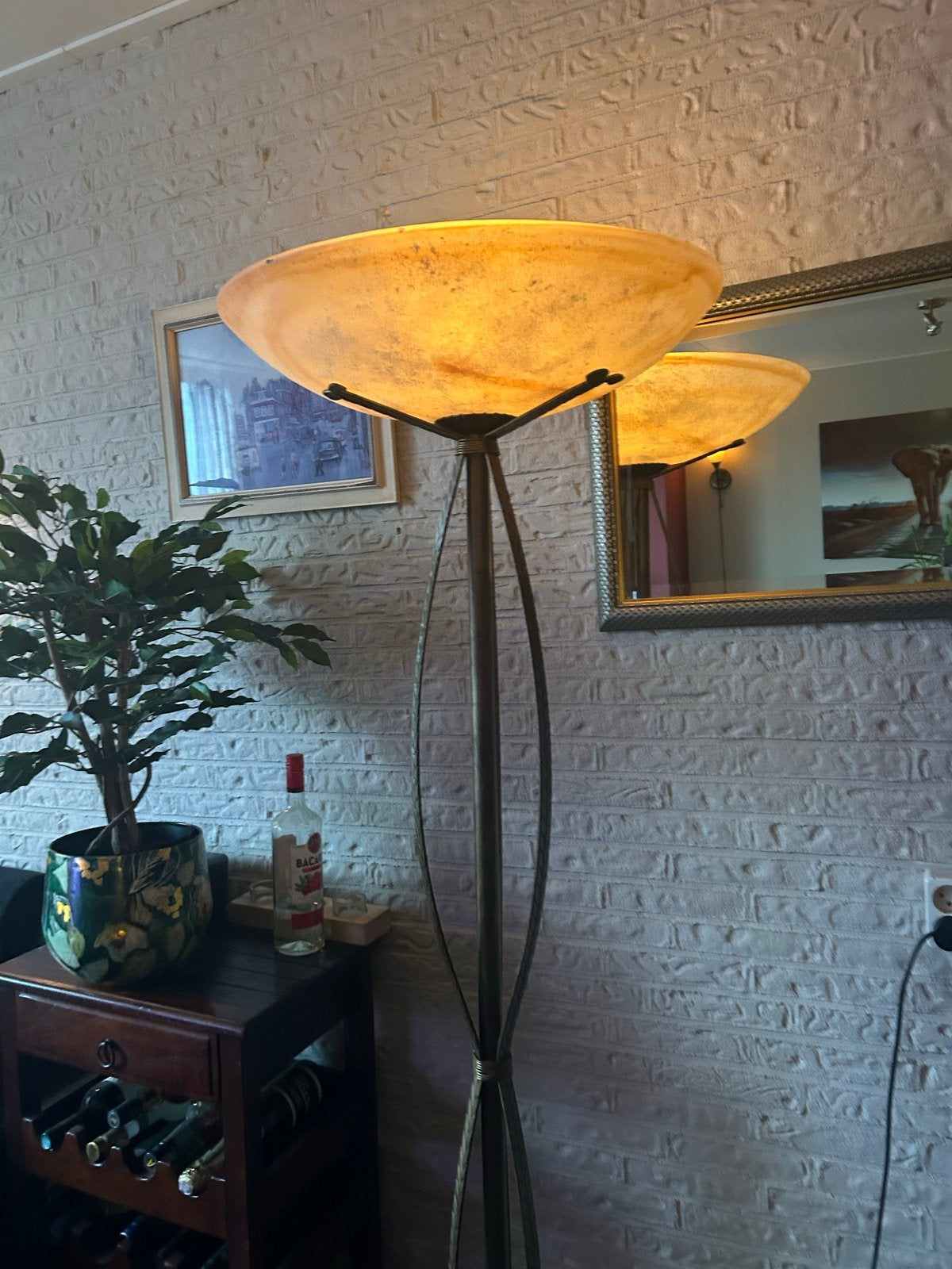 Stijlvolle vloerlamp met marmerlook kap, Ophalen, Gebruikt, E27 (groot), Metaal