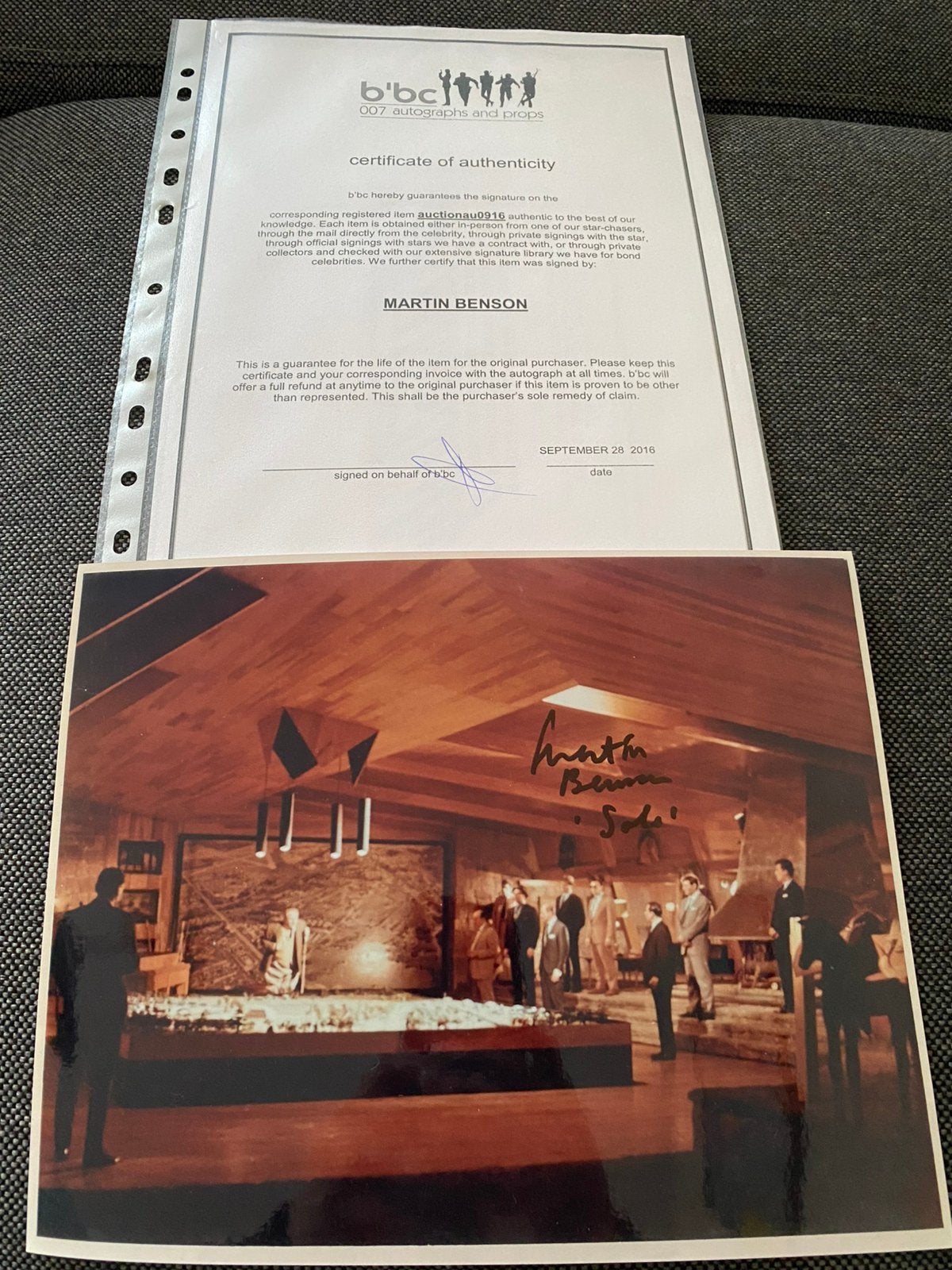 Filmster Handtekening coa martin benson oa james bond, Ophalen of Verzenden, Zo goed als nieuw, Foto of Kaart