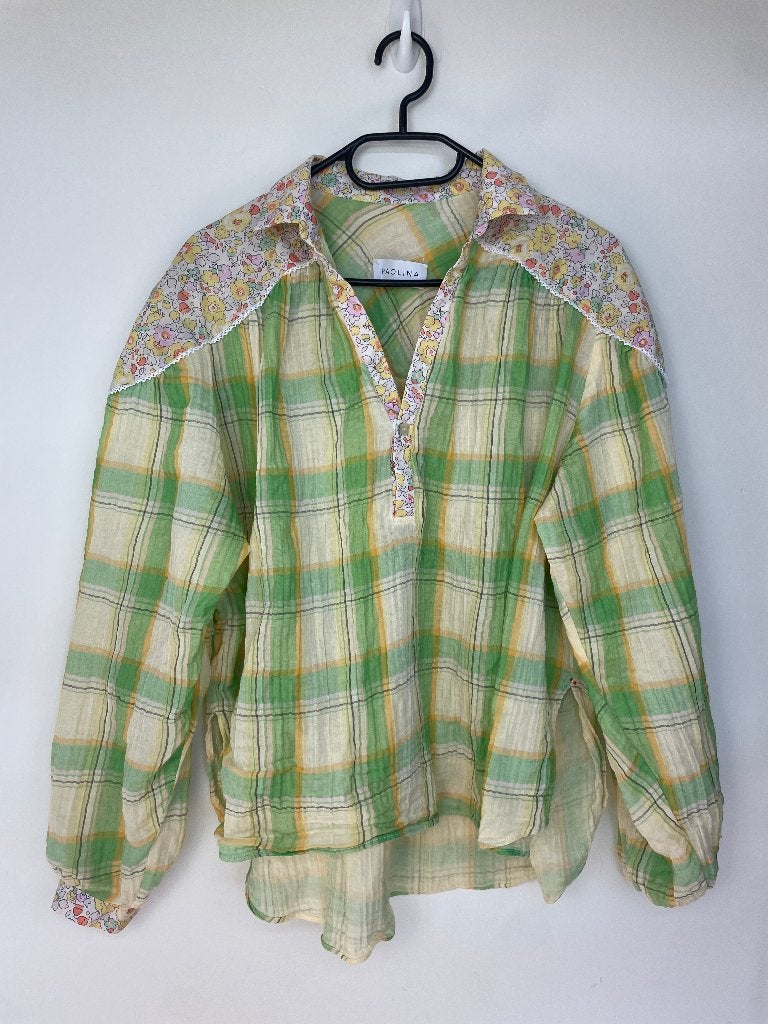 Paolina blouse One Size geruit bohemian v-hals geel groen, Maat 38/40 (M), Ophalen of Verzenden, Zo goed als nieuw, Hola@paolina.be