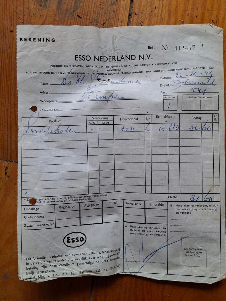 Historisch Esso Petroleum Rekening Kruidenierswinkel, Ophalen of Verzenden, Gebruikt, Overige typen
