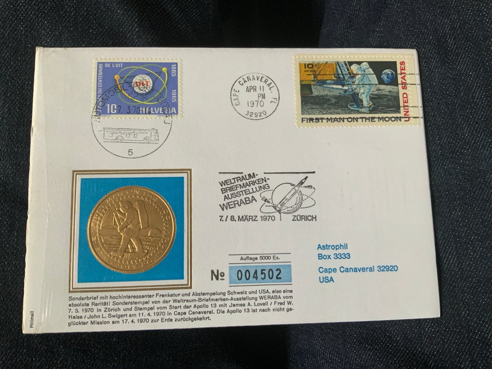 Zeldzame Apollo 13 Sonderbrief Zwitserland & USA, Ophalen of Verzenden, Beschreven, Rest van de wereld