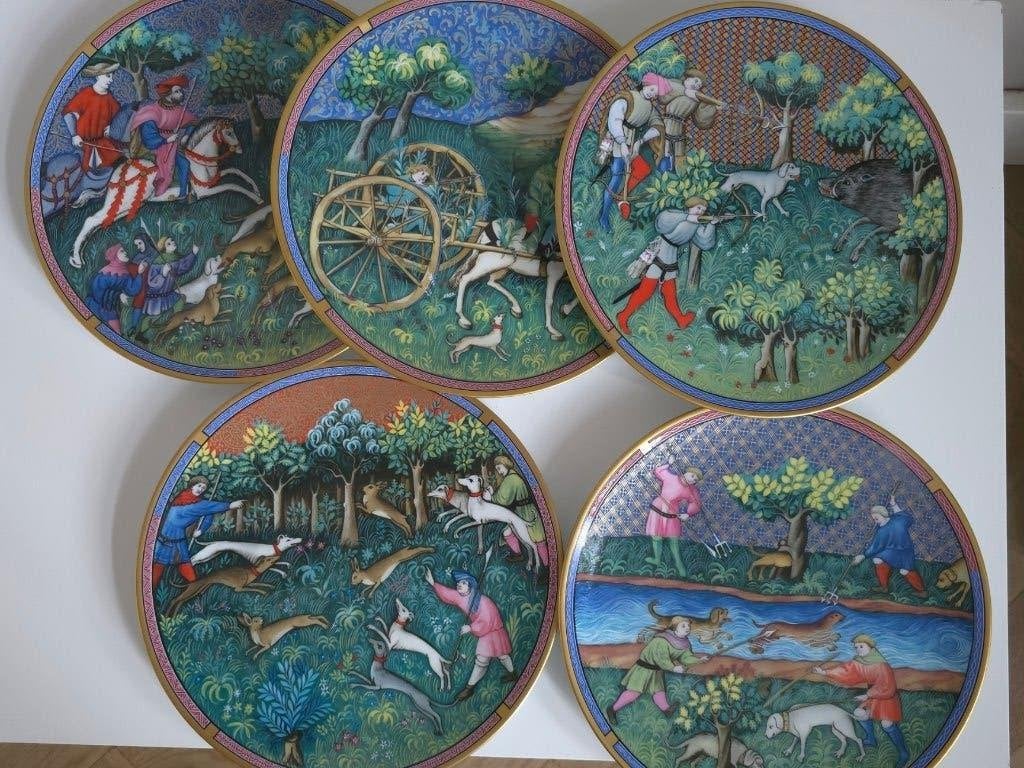 Complete set 5 KPM Tettau wandborden Middeleeuwse Jacht, Antiek en Kunst, Ophalen of Verzenden