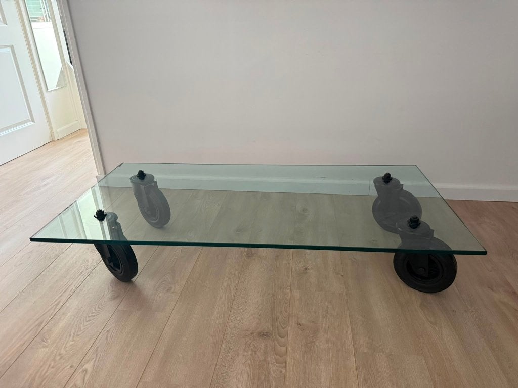 Glazen rechthoekige salon tafel op wielen van Fontana Art., Ophalen, Gebruikt, 100 tot 150 cm, 50 tot 100 cm
