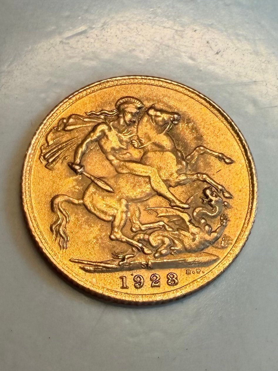 Gouden Sovereign munt 1928 - George V, Ophalen of Verzenden, Overige landen, Losse munt, Goud