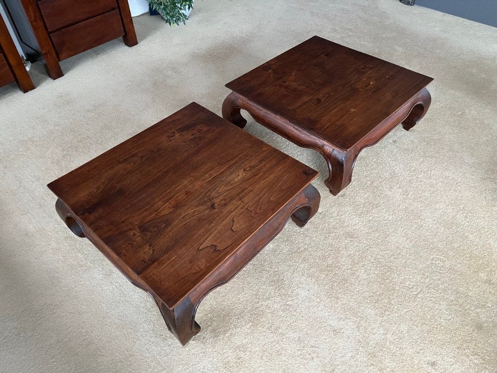 2 opiumtafels van Indonesisch teakhout 80x80x35 cm, Ophalen, Gebruikt, 50 tot 100 cm, Koloniaal