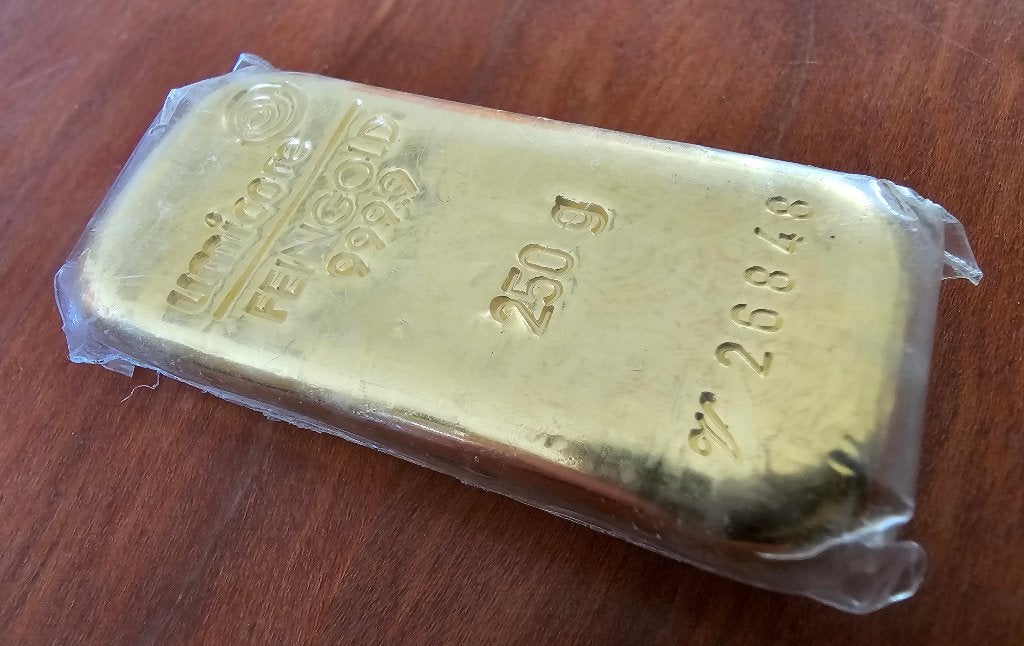 250 gram .999 fijn goud Umicore, Postzegels en Munten, Edelmetalen en Baren, Ophalen, Goud