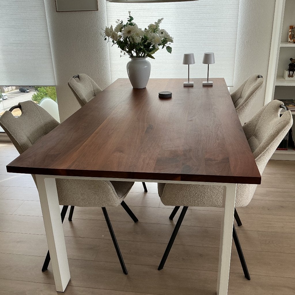 eettafel met massief notenhouten blad, Huis en Inrichting, Tafels | Eettafels, Ophalen, 200 cm of meer, 50 tot 100 cm, Zo goed als nieuw