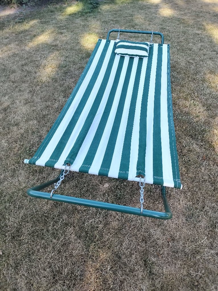 Hangmat groen/wit gestreept, Tuin en Terras, Hangmatten, Ophalen, Opvouwbaar, Gebruikt, Eenpersoons