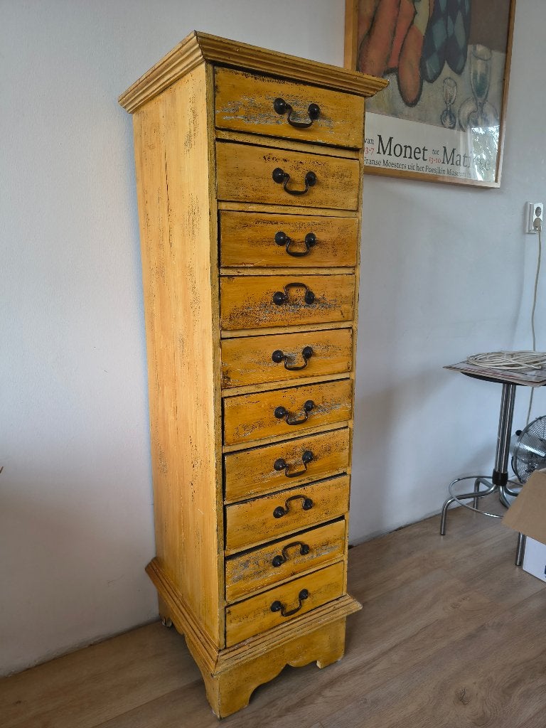Vintage Gele ladekast / Apothecary Cabinet, Minder dan 50 cm, 5 laden of meer, 100 tot 150 cm, Ophalen of Verzenden