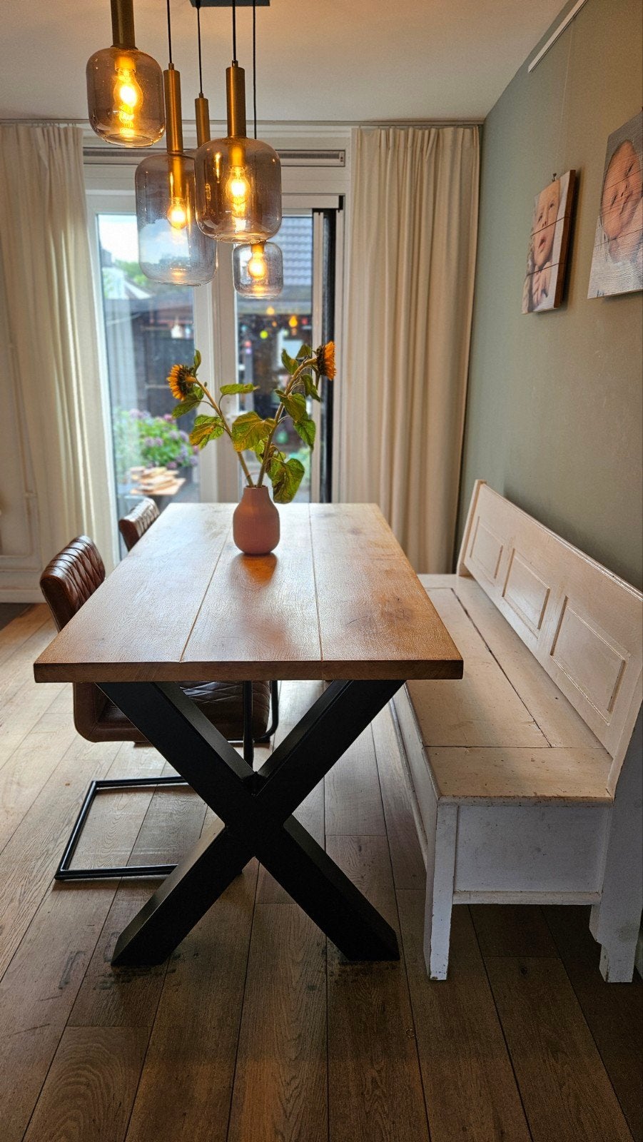 Mooie zware eiken houten eettafel met metalen X-poten, Ophalen, Modern, Industrieel, Landelijk, 50 tot 100 cm, Zo goed als nieuw