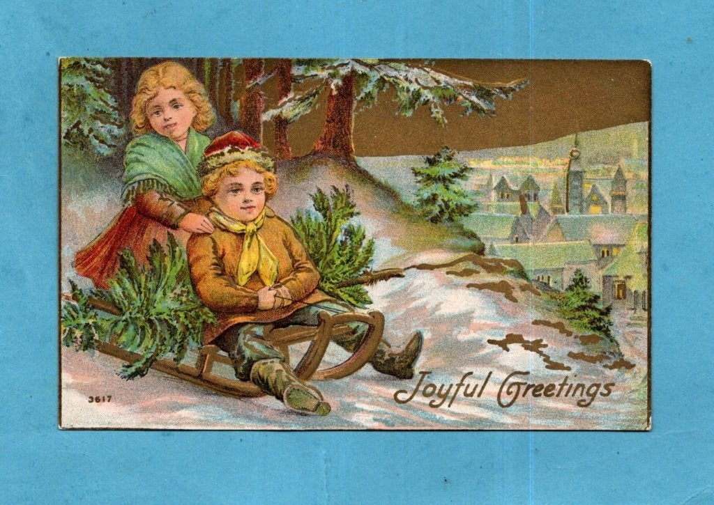 Mooie oude kerstkaart/reliéf W554 - kinderen op sleetje, Ophalen of Verzenden, Voor 1920, Gelopen, Kinderen