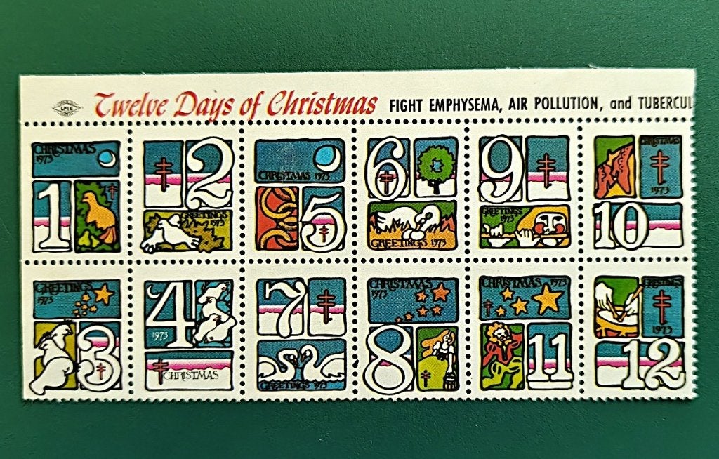 USA : TBC kerst/sluitzegels strip van 12 met strook 1973, Verzenden, Overige thema's